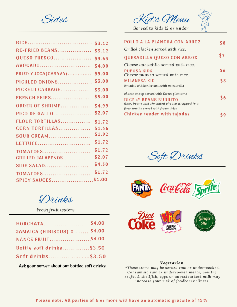 Sides and kids menu